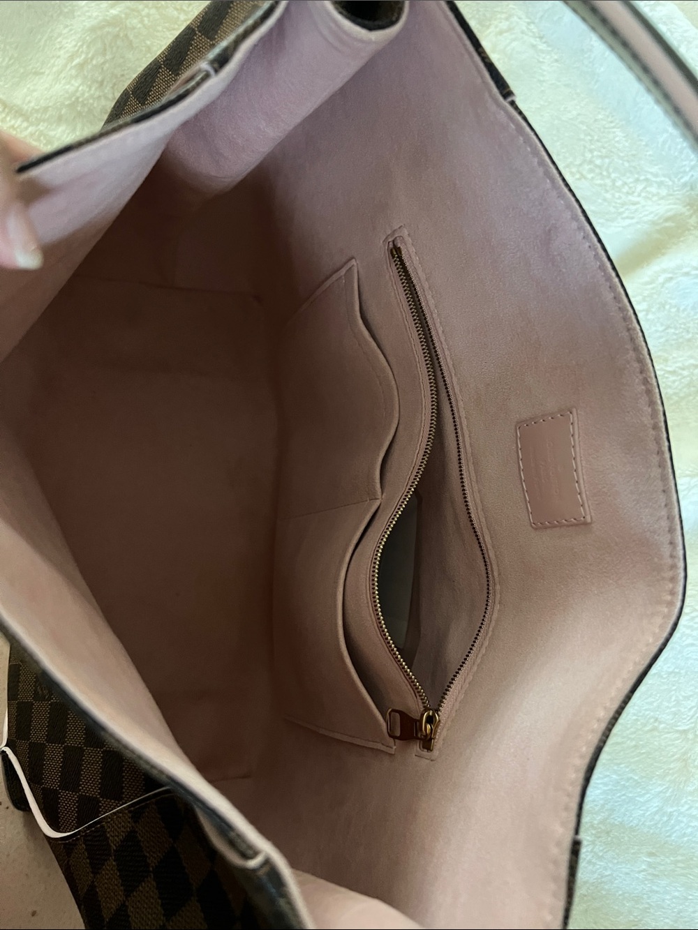Louis Vuitton Damier Ebene Cassias Hobo Bag with blush pink interior